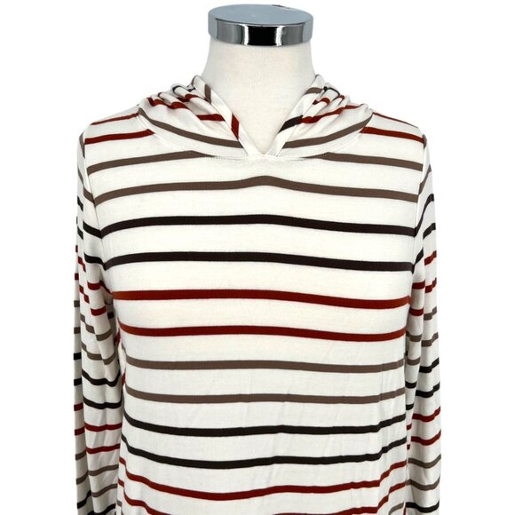 Market & Spruce Striped Hooded Long Sleeve Top Ivory Red Brown Size Large NWT - Picture 2 of 11